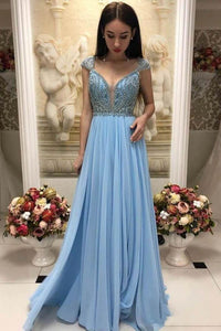 Elegant A-Line Beaded Sky Blue Prom Dresses With Cap Sleeves PFP1524