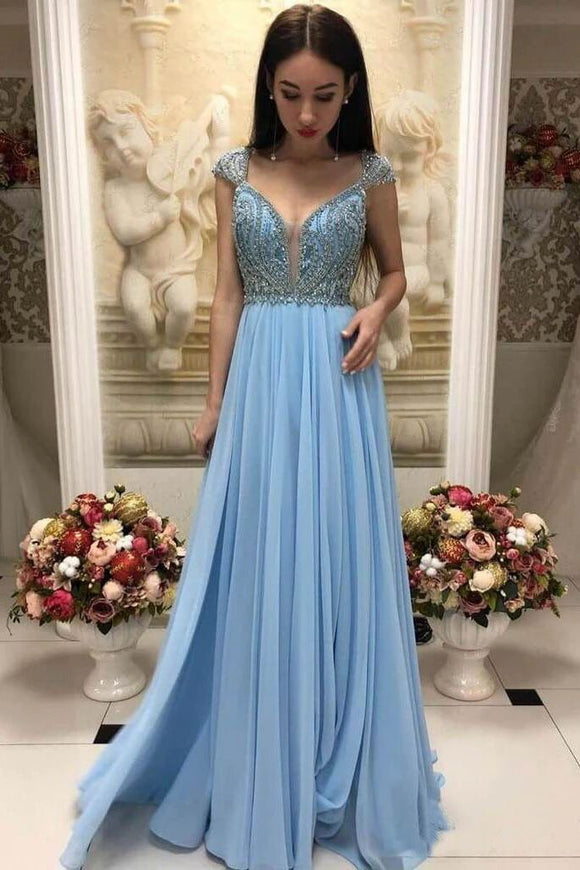 Elegant A-Line Beaded Sky Blue Prom Dresses With Cap Sleeves PFP1524