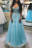 A-line V-neck Beaded Prom Dresses Lace Blue Prom Gowns PFP1525