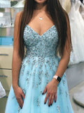 A-line V-neck Beaded Prom Dresses Lace Blue Prom Gowns PFP1525