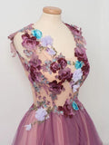 Tulle Flower A Line Prom Dresses Scoop neck Appliqued Party Dress PFP1526