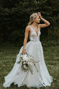 Promfast Marvelous V-neck A-line Wedding Dresses Appliques Tulle Bridal Gowns PFW0465