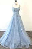 Lace Appliques Sky Blue Prom Dress with Criss Cross Back PFP1528