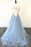Lace Appliques Sky Blue Prom Dress with Criss Cross Back PFP1528