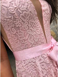 A-Line V-Neck Sweep Train Pink Lace Prom Dress with Split PFP1531