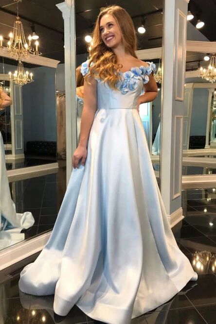 A-Line Off-the-Shoulder Light Blue Split Prom Dress with Flowers Pockets PFP1532