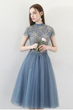 Blue A Line Tulle Short Sleeves High Neck Appliques Homecoming Dresses PFH0149