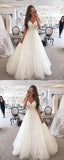 Elegant A-Line Spaghetti Straps Long Tulle Wedding Dress with Appliques PFW0033