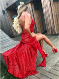 Sheath Spaghetti Straps Backless Red Sequined Prom Dress with Split PFP1534