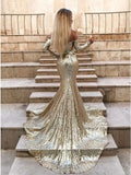 Mermaid Long Split Prom Dress Gold Sequined Evening Dress with Sleeves PFP1536