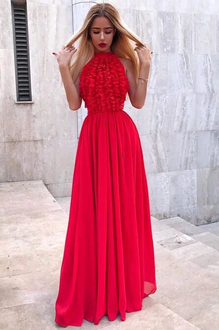 A-Line Jewel Floor-Length Red Chiffon Long Prom Party Dress with Ruffles PFP1537