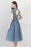 Blue A Line Tulle Short Sleeves High Neck Appliques Homecoming Dresses PFH0149