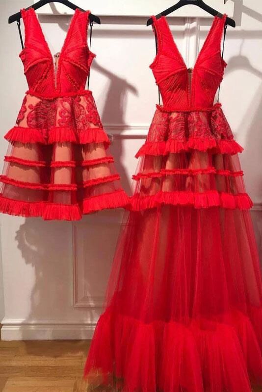 Charming Red V Neck Tulle Long Prom Dress, Evening Ddress PFP1539