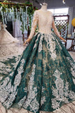 Green Long Sleeves Ball Gown Lace Prom Dress with Appliques, Long Prom Gown PFP1541