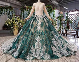 Green Long Sleeves Ball Gown Lace Prom Dress with Appliques, Long Prom Gown PFP1541