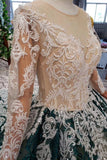 Green Long Sleeves Ball Gown Lace Prom Dress with Appliques, Long Prom Gown PFP1541