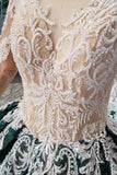 Green Long Sleeves Ball Gown Lace Prom Dress with Appliques, Long Prom Gown PFP1541