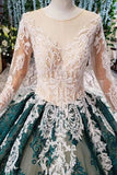 Green Long Sleeves Ball Gown Lace Prom Dress with Appliques, Long Prom Gown PFP1541