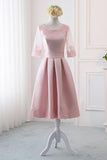 Pink Satin A Line Half Sleeves Lace Appliques Short Homecoming Dresses