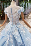 Princess Light Sky Blue Prom Dress with Flowers, Ball Gown Quinceanera Dress PFP1542