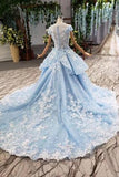 Princess Light Sky Blue Prom Dress with Flowers, Ball Gown Quinceanera Dress PFP1542