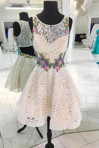 White Lace Short Prom Dress, Floral Appliques homecoming dress PFH0261