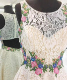 White Lace Short Prom Dress, Floral Appliques homecoming dress PFH0261
