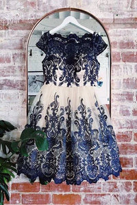 Navy Blue Lace Applique Short Cap Sleeves Homecoming Dresses PFH0262