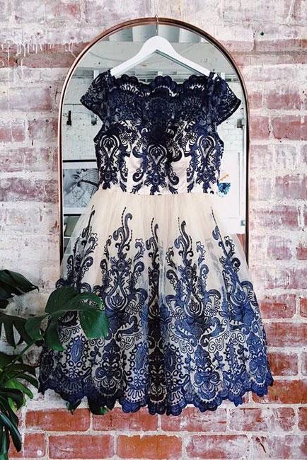 Navy Blue Lace Applique Short Cap Sleeves Homecoming Dresses PFH0262