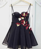 Black Tulle Sweetheart Neck Short Prom Dress, Flowers Homecoming Dress PFH0264