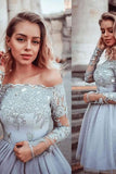 Gray Lace Appliques Tulle Short Prom Dress, Long Sleeves Homecoming Dress PFH0266