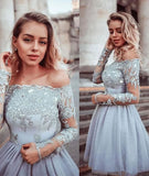 Gray Lace Appliques Tulle Short Prom Dress, Long Sleeves Homecoming Dress PFH0266