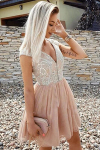 A Line V Neck Tulle Short Prom Dress, Cap Sleeves Cheap Homecoming Dress PFH0267