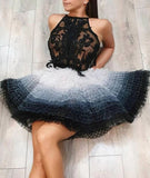 Cute Tulle Lace Short Prom Dress, Black Top Homecoming Dress PFH0268