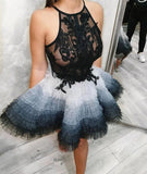 Cute Tulle Lace Short Prom Dress, Black Top Homecoming Dress PFH0268