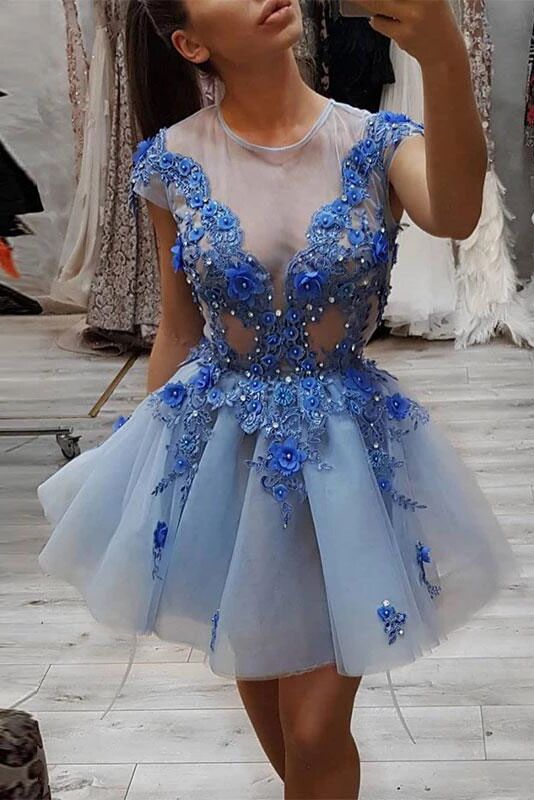 Blue Round Neck Lace Appliques Short Prom Dress, Blue Tulle Evening Dr Promfast Blue Round Neck Lace Appliques Short Prom Dress, Blue Tulle Evening Dr Promfast