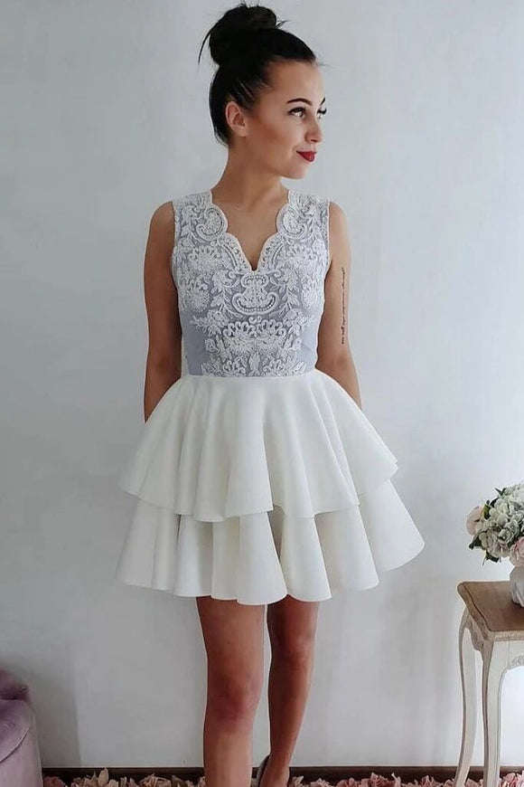 White Lace Short Prom Dress, A Line Cute Homecoming Dress PFH0270