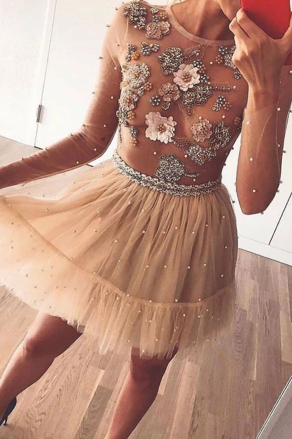 Tulle Beads Short Prom Dress, Long Sleeves Flowers Homecoming Dress PFH0274