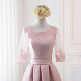 Pink Satin A Line Half Sleeves Lace Appliques Short Homecoming Dresses PFH0150