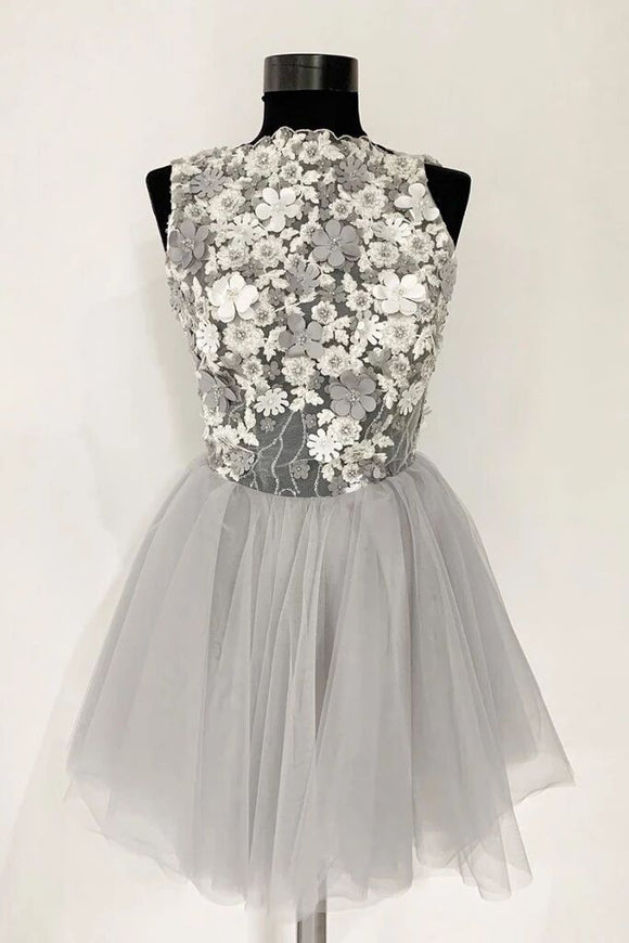 Gray Tulle Lace Short Prom Dress, A Line Flowers Homecoming Dress PFH0277