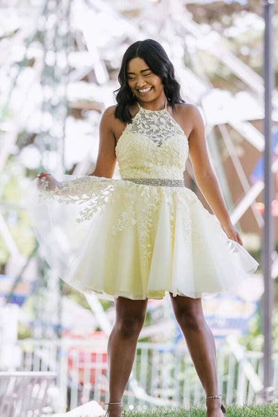 Yellow Tulle Lace Short Prom Dress Beading A Line Homecoming Dress PFH –  Promfast