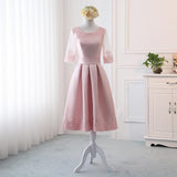 Pink Satin A Line Half Sleeves Lace Appliques Short Homecoming Dresses PFH0150