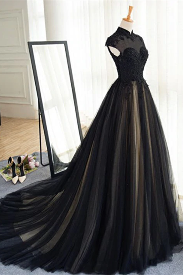 Promfast Chic A line High Neck Black Tulle Floor Length Modest Prom Dr