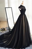 Promfast Chic A line High Neck Black Tulle Floor Length Modest Prom Dress Evening Dress PFP2183
