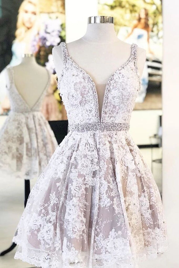 Cute V Neck Lace Short Prom Dress Beaded A Line Homecoming Dress PFH0282
