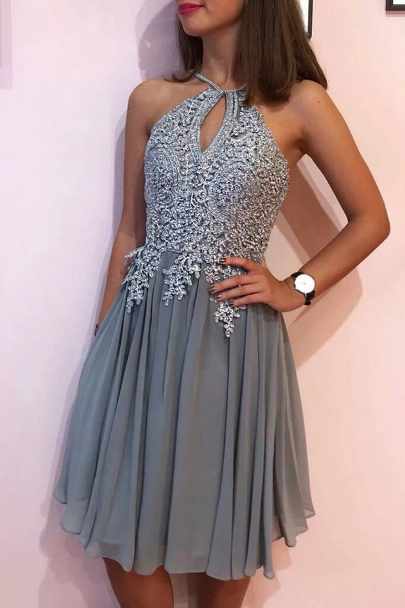 Gray Chiffon Lace Short Prom Dress Lace Appliques Homecoming Dress PFH0284