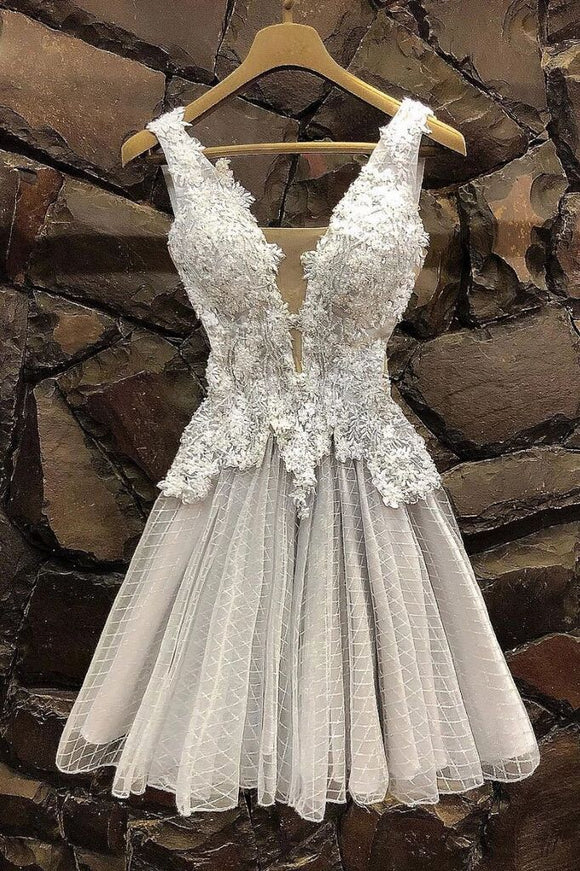 Gray Tulle Lace Short Prom Dress, V Neck Homecoming Dress PFH0291
