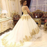 Beautiful Long Train High Neck Romantic Gold Appliques Wedding Dresses PFW0037