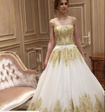 Beautiful Long Train High Neck Romantic Gold Appliques Wedding Dresses PFW0037