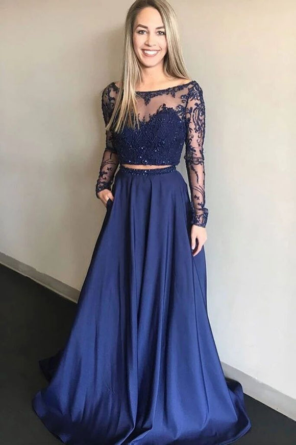 Royal Blue Two Pieces A Line Long Sleeves Appliques Prom Dress With Pockets PFP1549